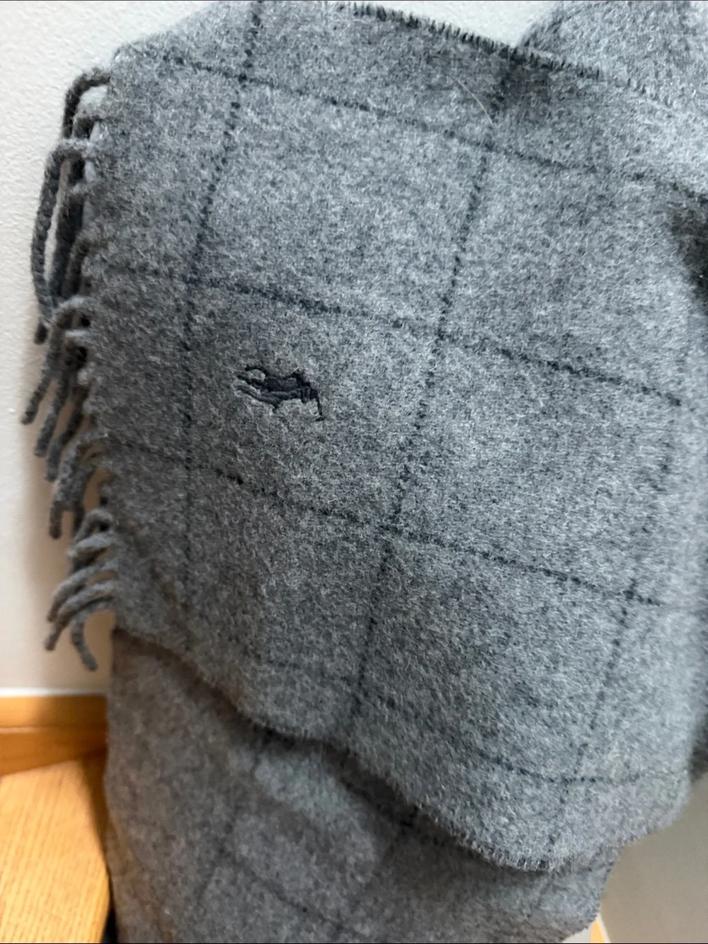 Polo Ralph Lauren Plaid Fringe Scarf 100% Wool Grey Brown Italy EUC